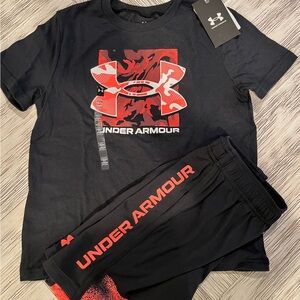 Under Armour Black and Red/Orange Graphic Tee and Shorts